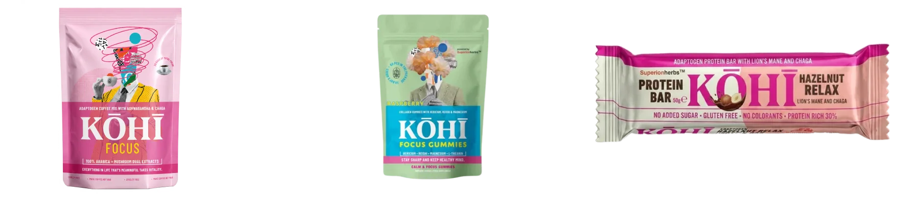 Káva Focus, Focus Gummies a proteinová tyčinka KOHI vedle sebe