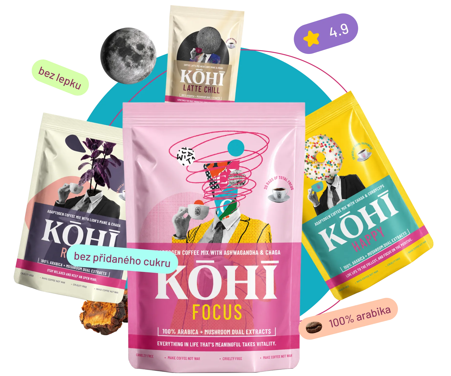 Čtyři sáčky adaptogenní kávy KŌHĪ: Focus, Relax, Happy a Latte Chill